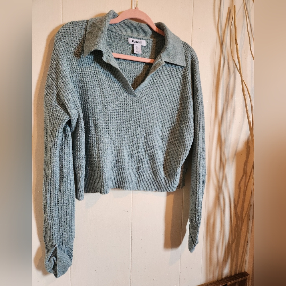 Cropped Waffle V-neck Collared Crop Long Sleeve
